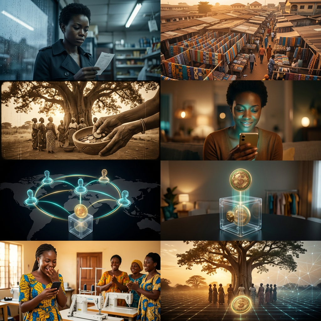 Community members gathered in a traditional njangi savings circle